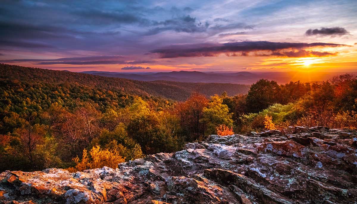 sunset during fall at Shenandoah National Park